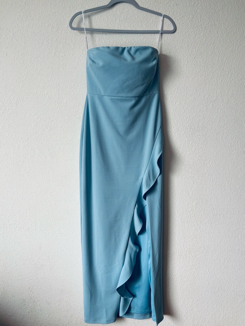 Lulus - After Hours Light Blue Strapless Ruffled Maxi Dress in Small